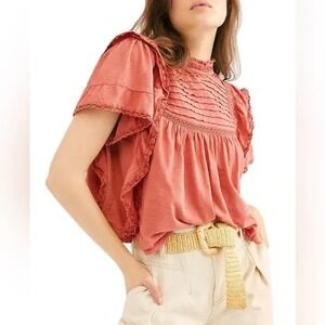 Free People‎ Le Femme Shirt Women Crochet Boho Ruffle Trim Top Cottagecore XS